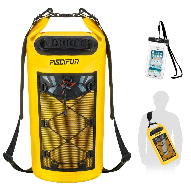 Piscifun Dry Bag, Waterproof Floating Backpack 20L with Waterproof Phone Case for Boating, Kayaking, Fishing, Yellow 20L - Image 1